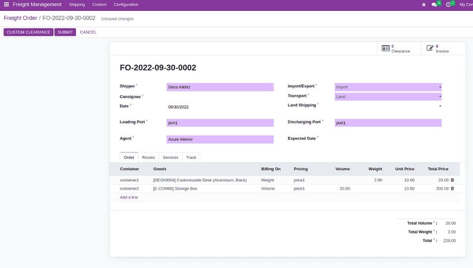 Freight management in Odoo ERP