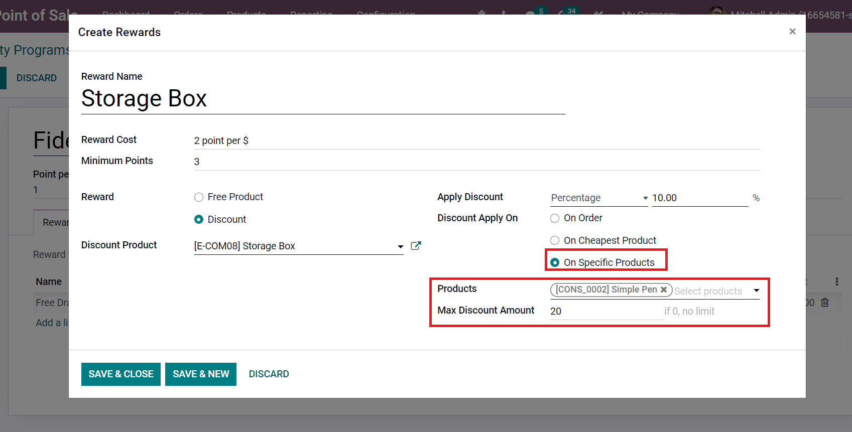 Create rewards for loyalty program in Odoo