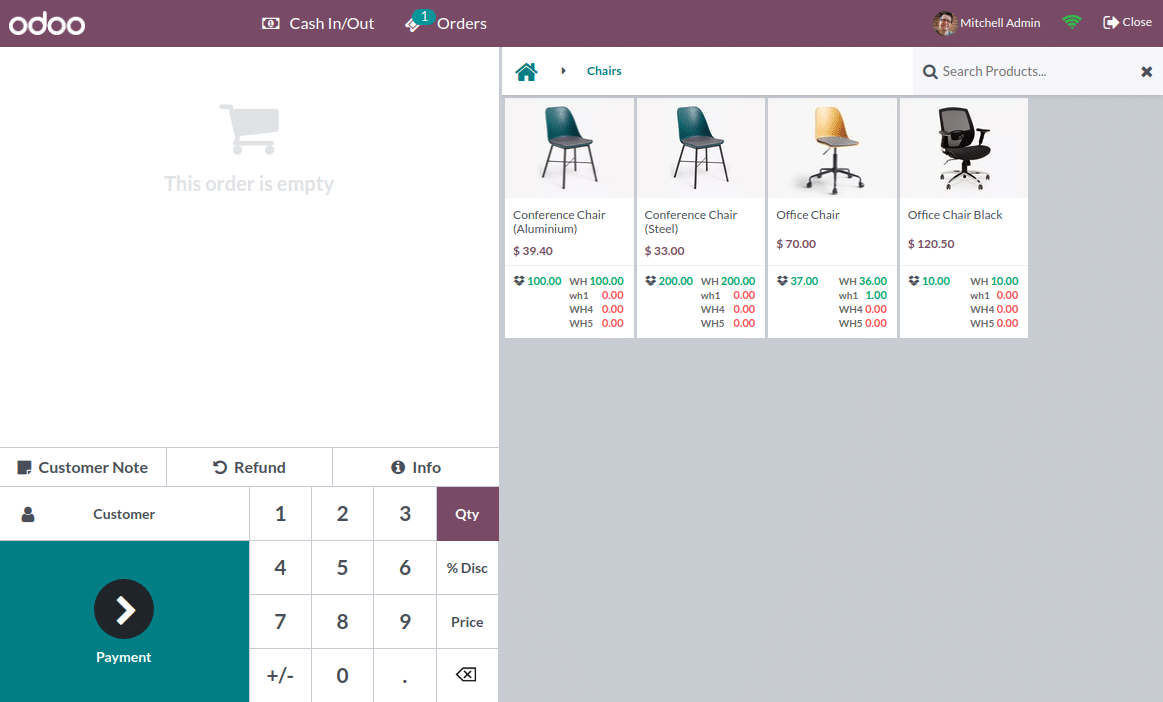 How Odoo Point of Sale module user interface looks like